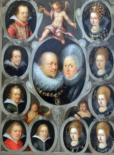 Duke Friedrich I (1557-1608) and Duchess Sibylla of Württemberg with ten of their children by Stuttgarter Hofmaler